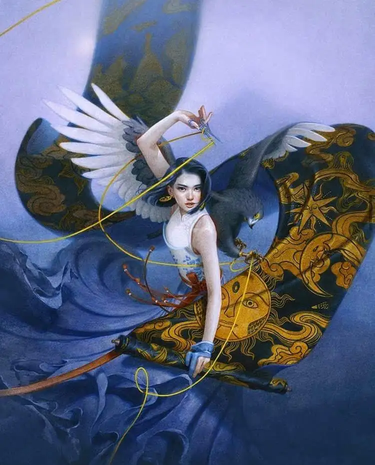 A woman with dark hair and a white top is depicted in a fantasy illustration, holding a yellow string attached to a large…