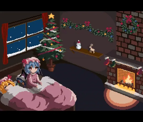 A pixel-art image shows a blue-haired anime girl in a cozy bedroom with a fireplace and a decorated Christmas tree. In the…