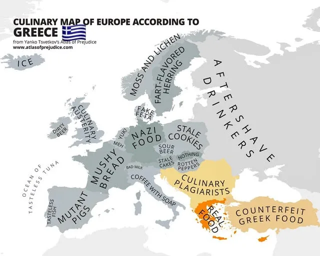 A satirical map of Europe labeled 'CULINARY MAP OF EUROPE ACCORDING TO GREECE' with Greece highlighted as 'REAL FOOD' and…