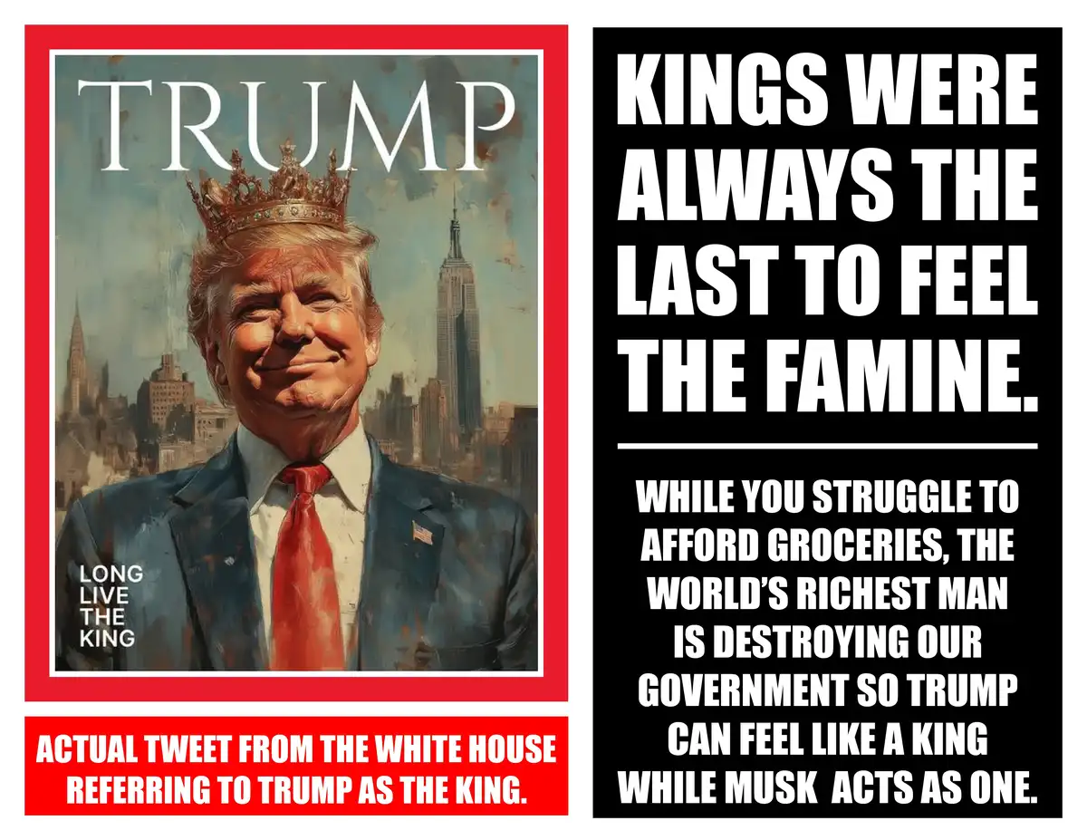 The image shows a stylized portrait of Donald Trump wearing a golden crown, set against a cityscape with the Empire State…