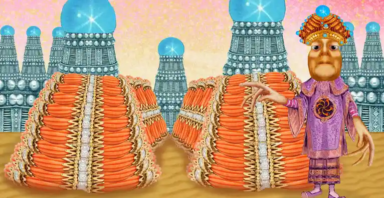 An illustrated figure wearing a jeweled crown and purple robe stands beside two enormous, ornate piles of bananas, each…