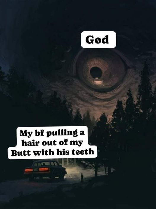 A dark, atmospheric image shows a giant, ominous eye labeled 'God' looming over a forest at night. Below, a car with its…