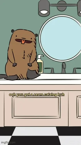 A cartoon beaver sits on a bathroom counter in front of a mirror, progressively widening its smile across three panels while…