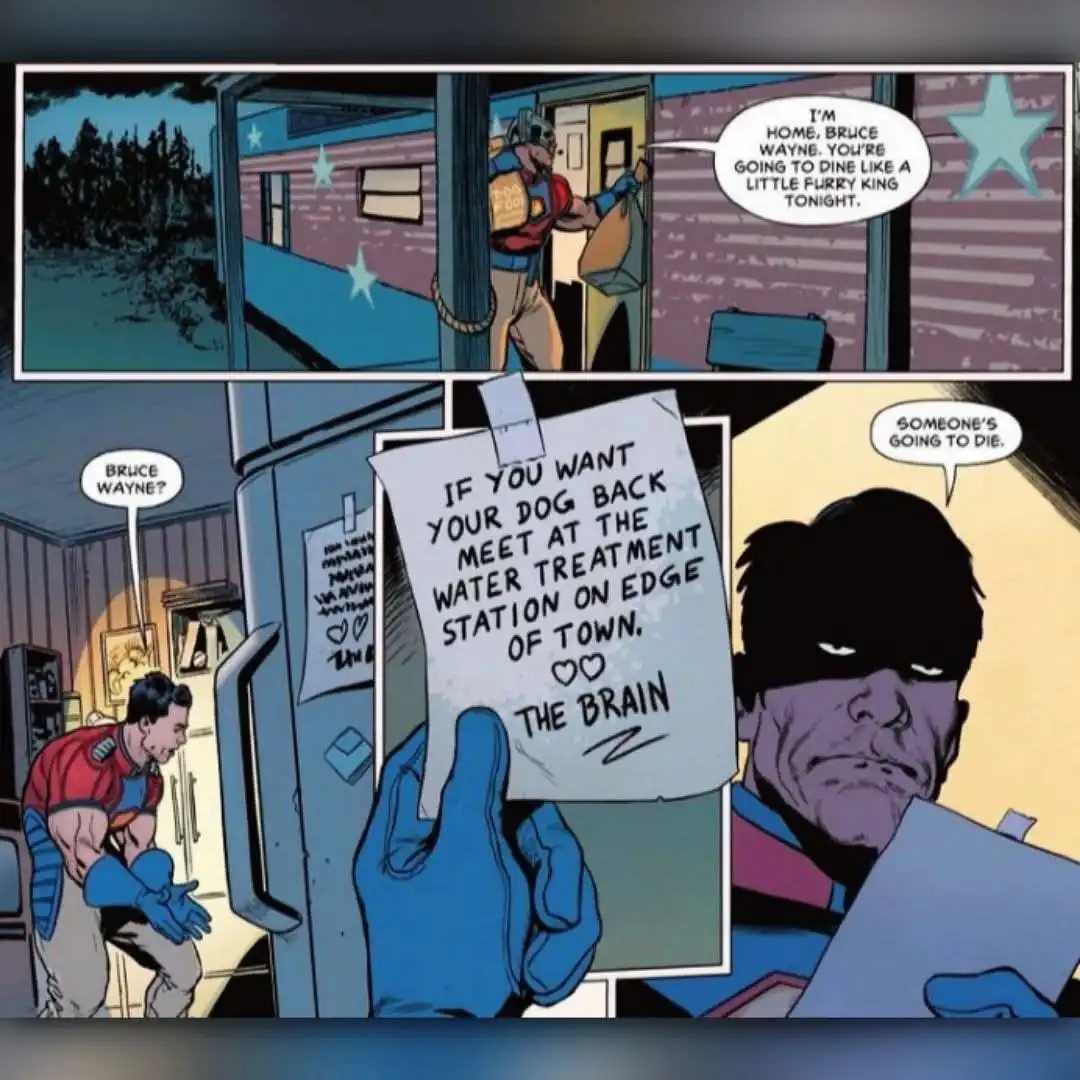 A comic panel shows Bruce Wayne returning home in a costume, only to find a note demanding he meet at a water treatment…