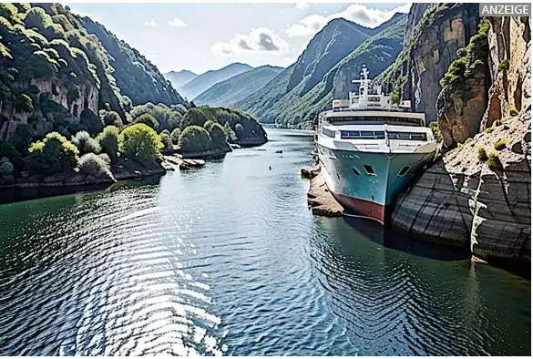 A large, modern cruise ship is shown docked in a narrow, scenic river gorge flanked by steep, forested mountains. The water…
