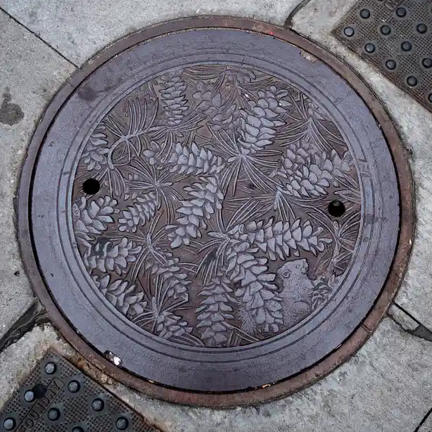 a close-up photo of a decorative, round, cast-iron manhole cover embedded in concrete pavement, featuring an intricate…