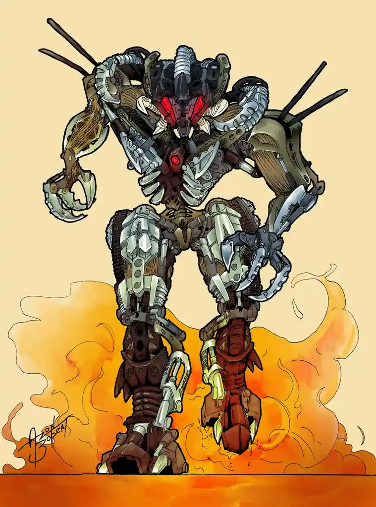 A heavily armored, biomechanical robot with glowing red eyes and multiple mechanical limbs stands amidst stylized orange…