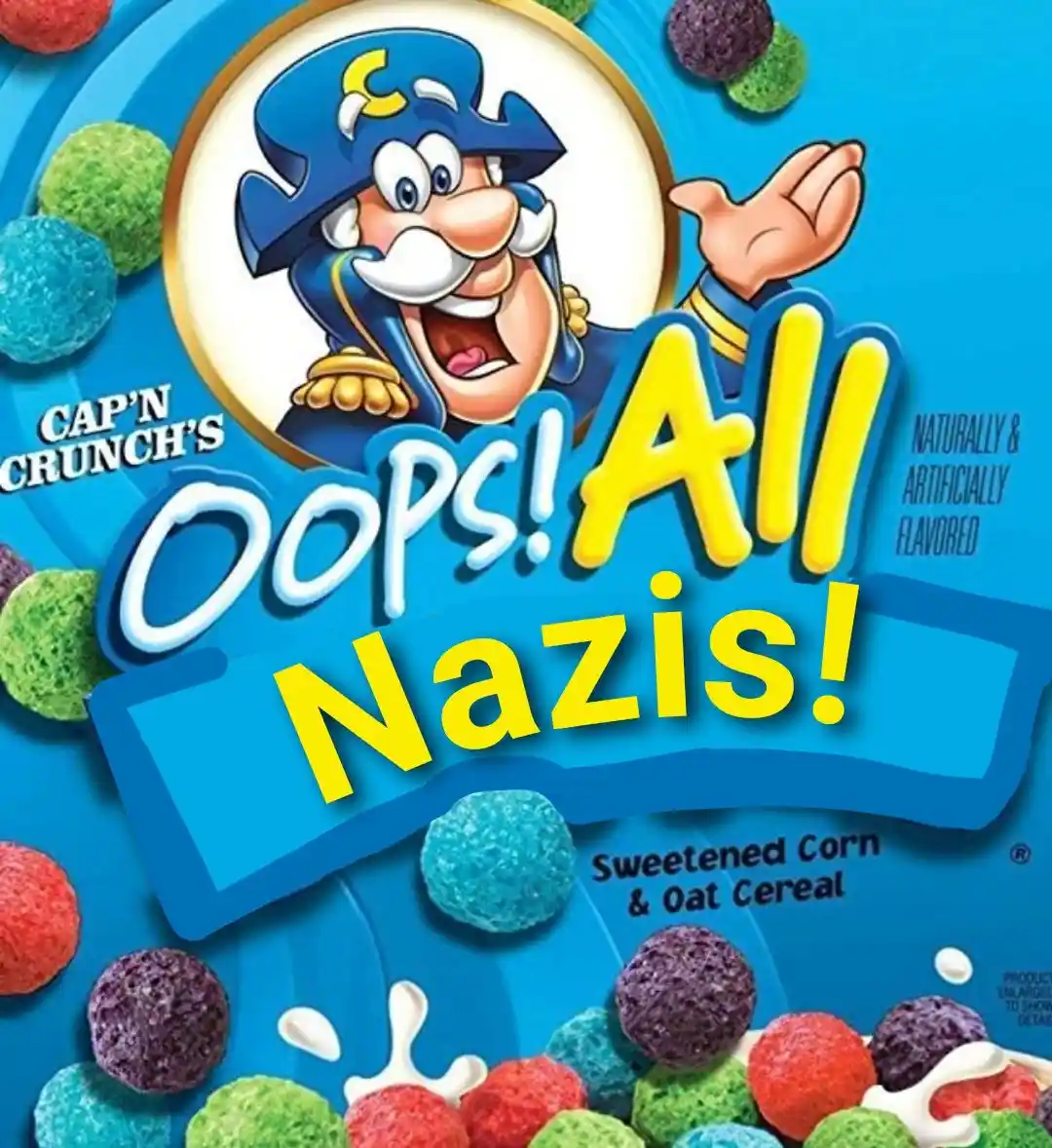 The image shows a cereal box for Cap'n Crunch's Oops! All Berries, featuring the cartoon captain with a mustache and blue…