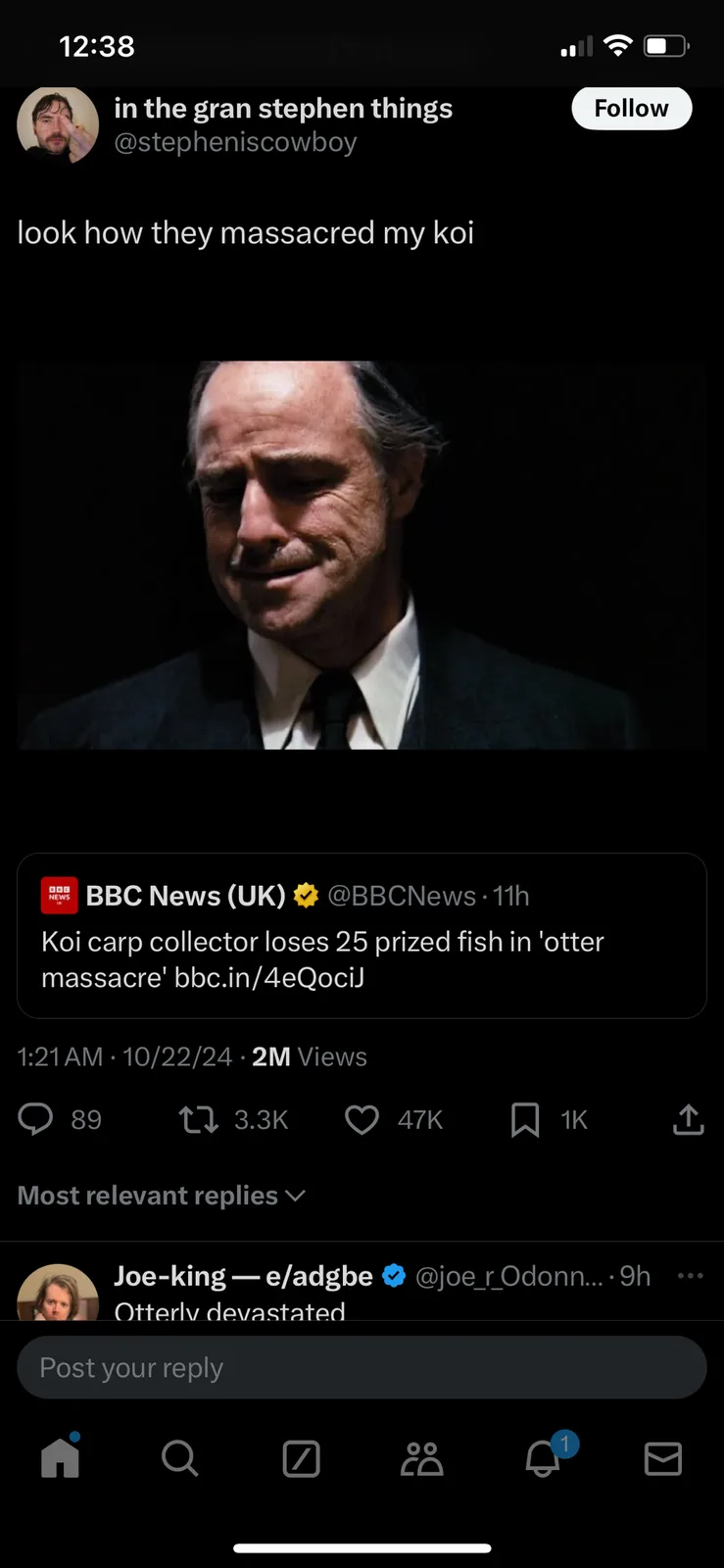 A screenshot of a Twitter post by user @stepheniscowboy shows a close-up image of actor Marlon Brando looking somber and…