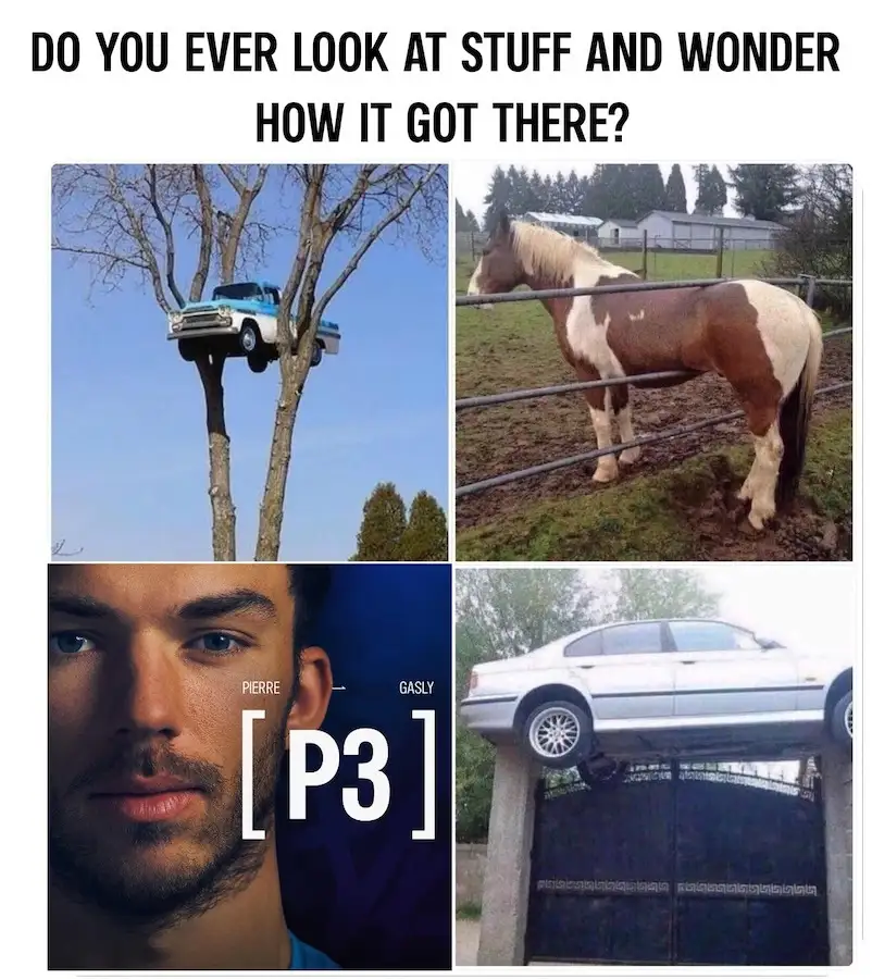 A four-panel image collage poses the question 'DO YOU EVER LOOK AT STUFF AND WONDER HOW IT GOT THERE?' The top-left panel…