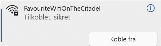 A screenshot of a Wi-Fi connection screen showing a network named 'FavouriteWifiOnTheCitadel' that is connected and secure…