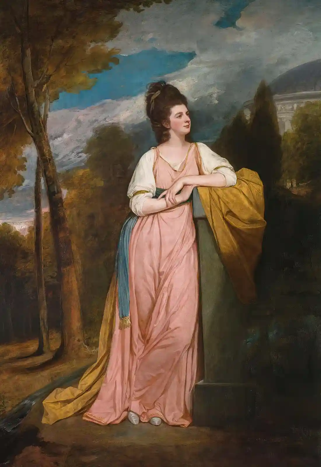 A classical painting depicts a woman in a pink and gold gown leaning against a stone balustrade in a pastoral landscape with…