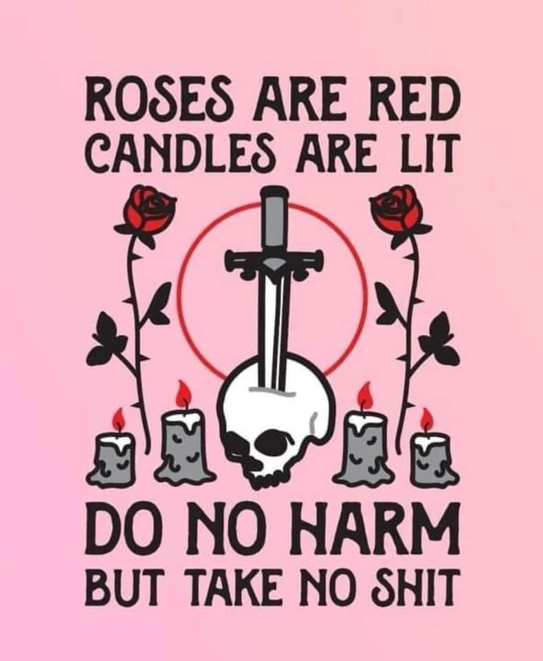A pink background features cartoon-style red roses with thorns on either side of a central skull with a sword stabbed…