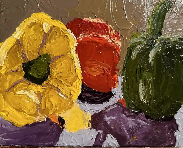 A thickly painted, textured oil painting depicts three bell peppers — yellow, red, and green — arranged side by side on a…