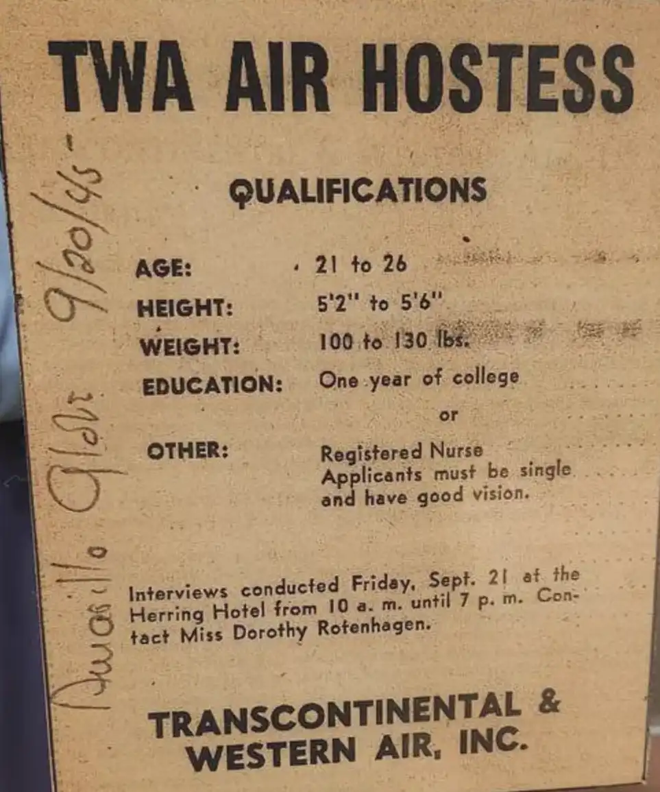 A vintage, yellowed paper advertisement from Transcontinental & Western Air, Inc. (TWA) for air hostess positions, listing…