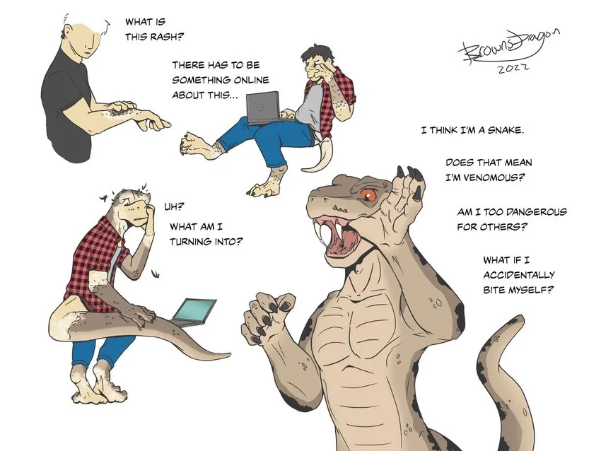 A comic strip shows a man discovering a rash, researching online, and progressively transforming into a snake. He panics…