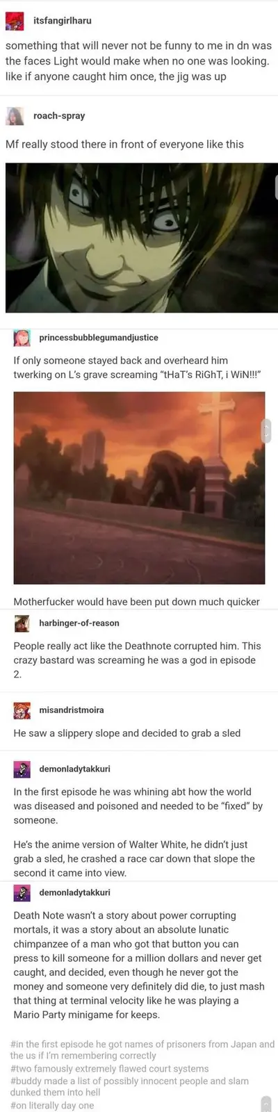 The image shows a close-up of the anime character Light Yagami from Death Note, with a wide, unsettling grin and intense…