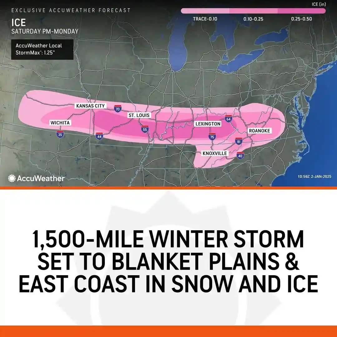 An AccuWeather ice forecast map shows a pink shaded area stretching across the central and eastern U.S., covering cities…