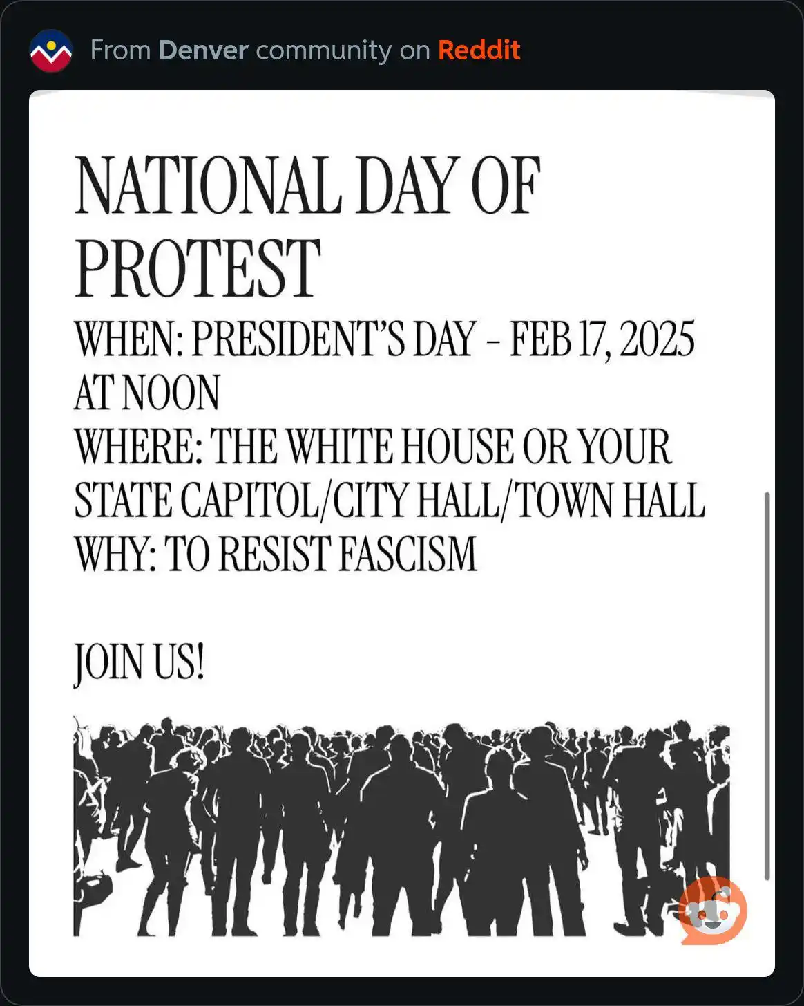A black-and-white protest flyer with bold text announcing a 'National Day of Protest' scheduled for President's Day…