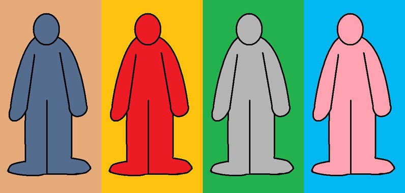 four stylized human figures in blue, red, gray, and pink stand against colored backgrounds. The gray figure is centered and…