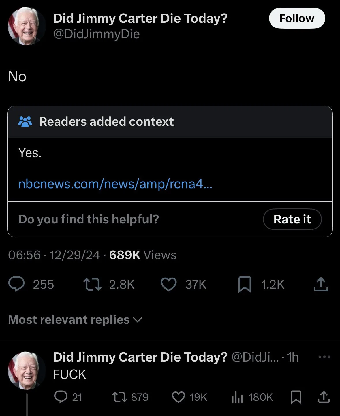 A screenshot of a social media post asking 'Did Jimmy Carter Die Today?' with the answer 'No' displayed. Below, a 'Readers…