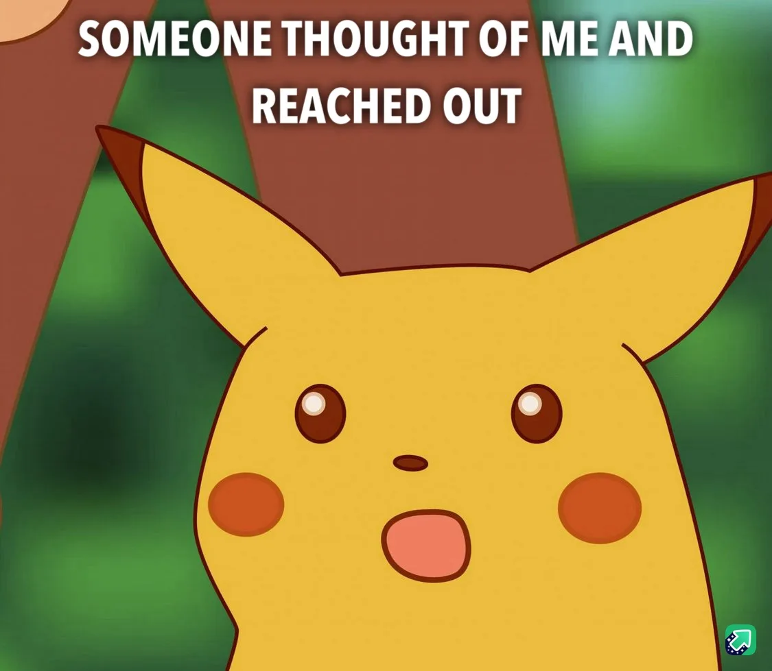 A surprised Pikachu with wide eyes and an open mouth, set against a blurred green and brown background. The text overlaid at…