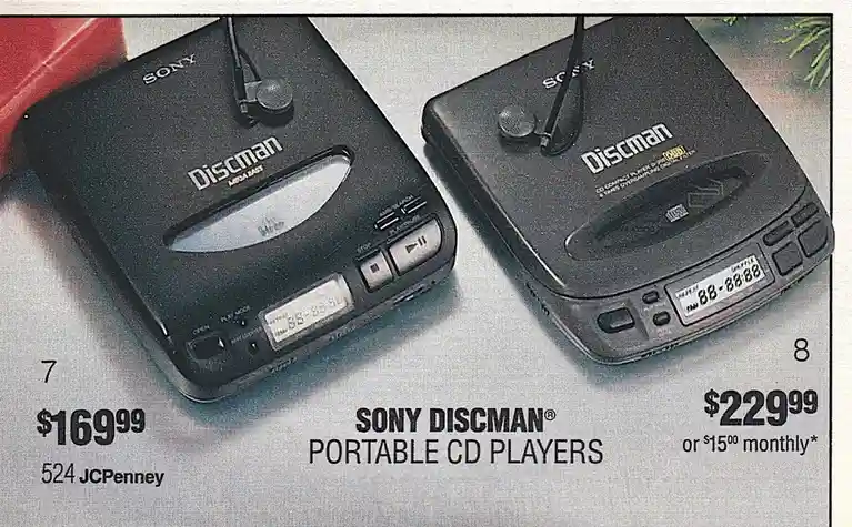 A vintage JCPenney advertisement displays two black Sony Discman portable CD players side by side, labeled as items 7 and 8…