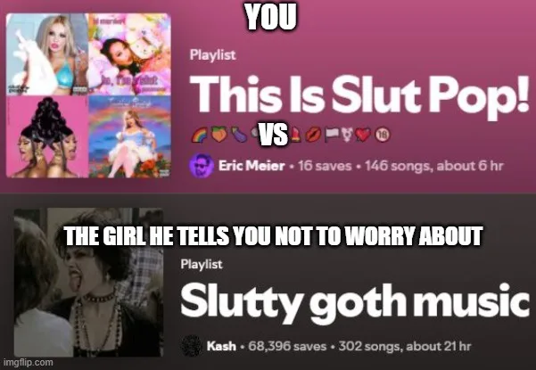 The image displays two Spotify playlist screenshots. The top one is titled 'This Is Slut Pop!' with a pink background and…