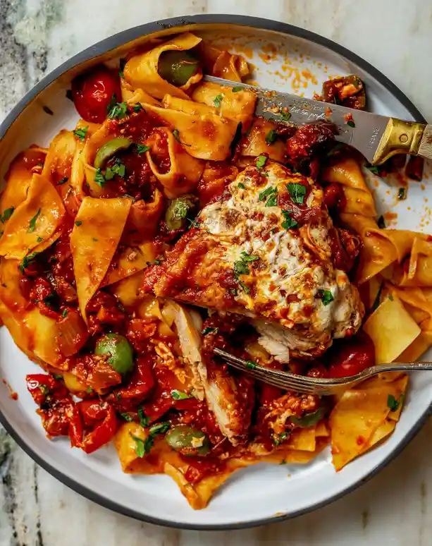 A close-up photo of a white bowl filled with wide pasta noodles, tomato sauce, cherry tomatoes, green olives, and a piece of…