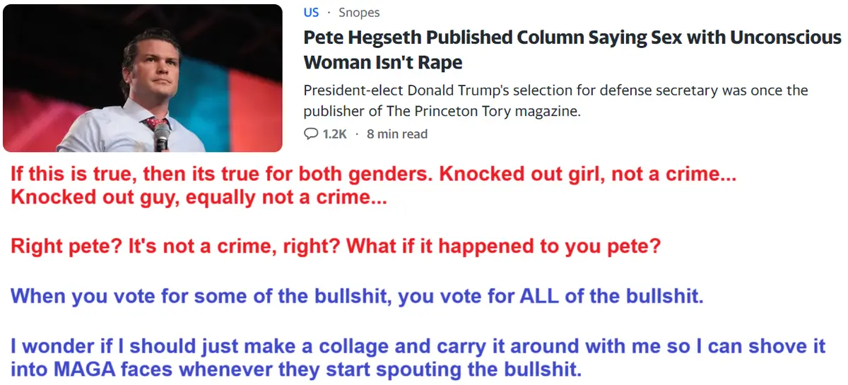 The image shows a screenshot of a Snopes article about Pete Hegseth, with overlaid red and blue text criticizing his…