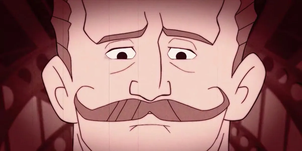 A close-up of an animated man with a mustache, wide eyes, and a slightly downturned mouth, conveying a look of mild disgust…