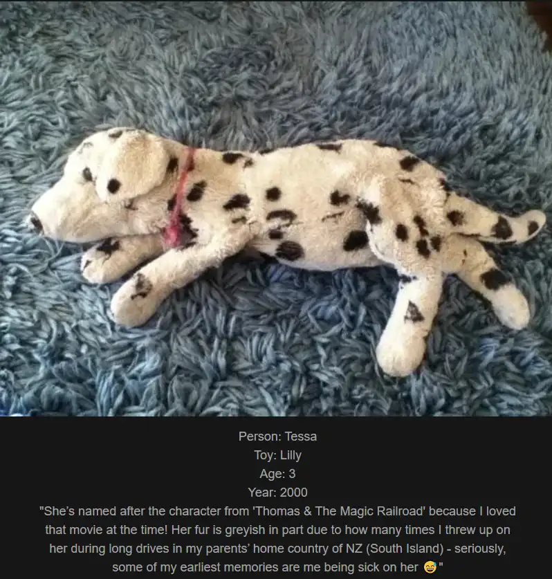A plush dalmatian toy named 'Lilly' lies on a blue shaggy rug. Text overlaid on a black bar at the bottom identifies the…