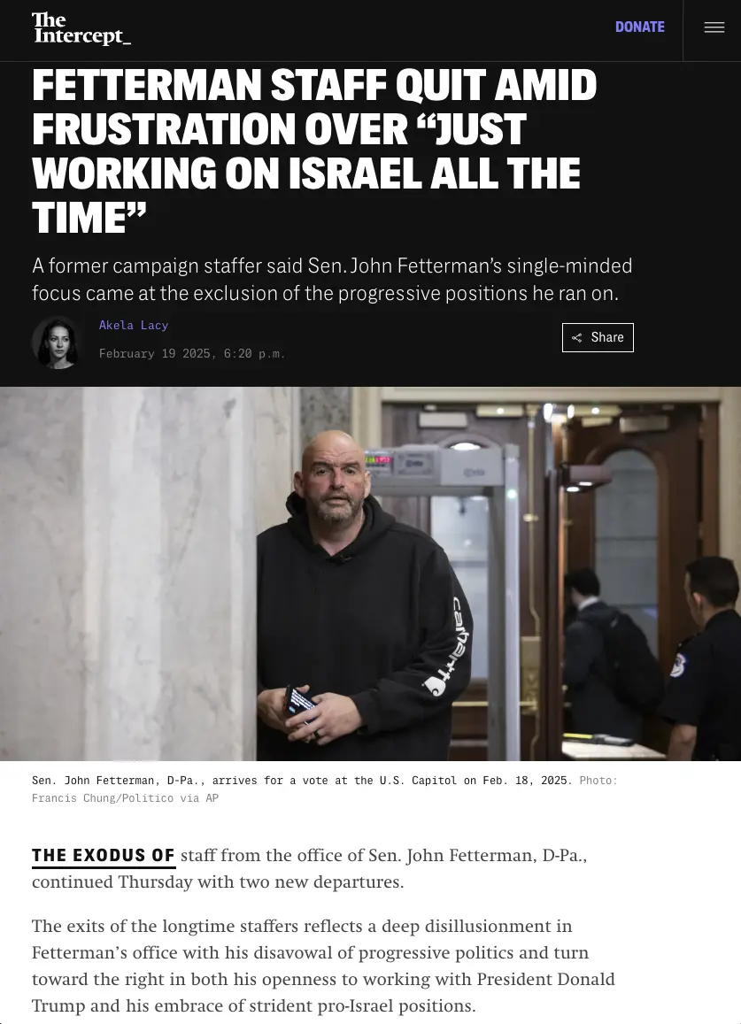A screenshot of a The Intercept news article with a photo of Senator John Fetterman in a black hoodie standing in a hallway…