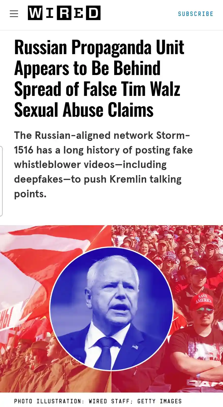 The image displays a WIRED article headline about Russian propaganda spreading false claims against Tim Walz, overlaid on a…