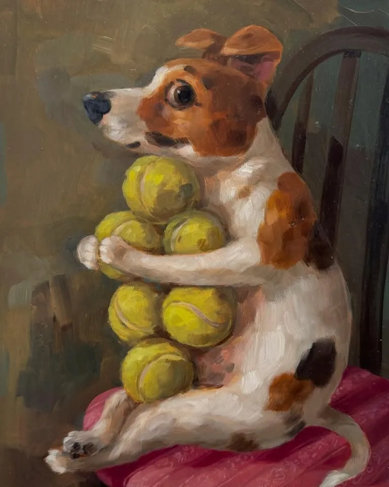 A painting of a brown and white dog sitting on a red cushioned chair, hugging a large pile of yellow tennis balls. The dog…