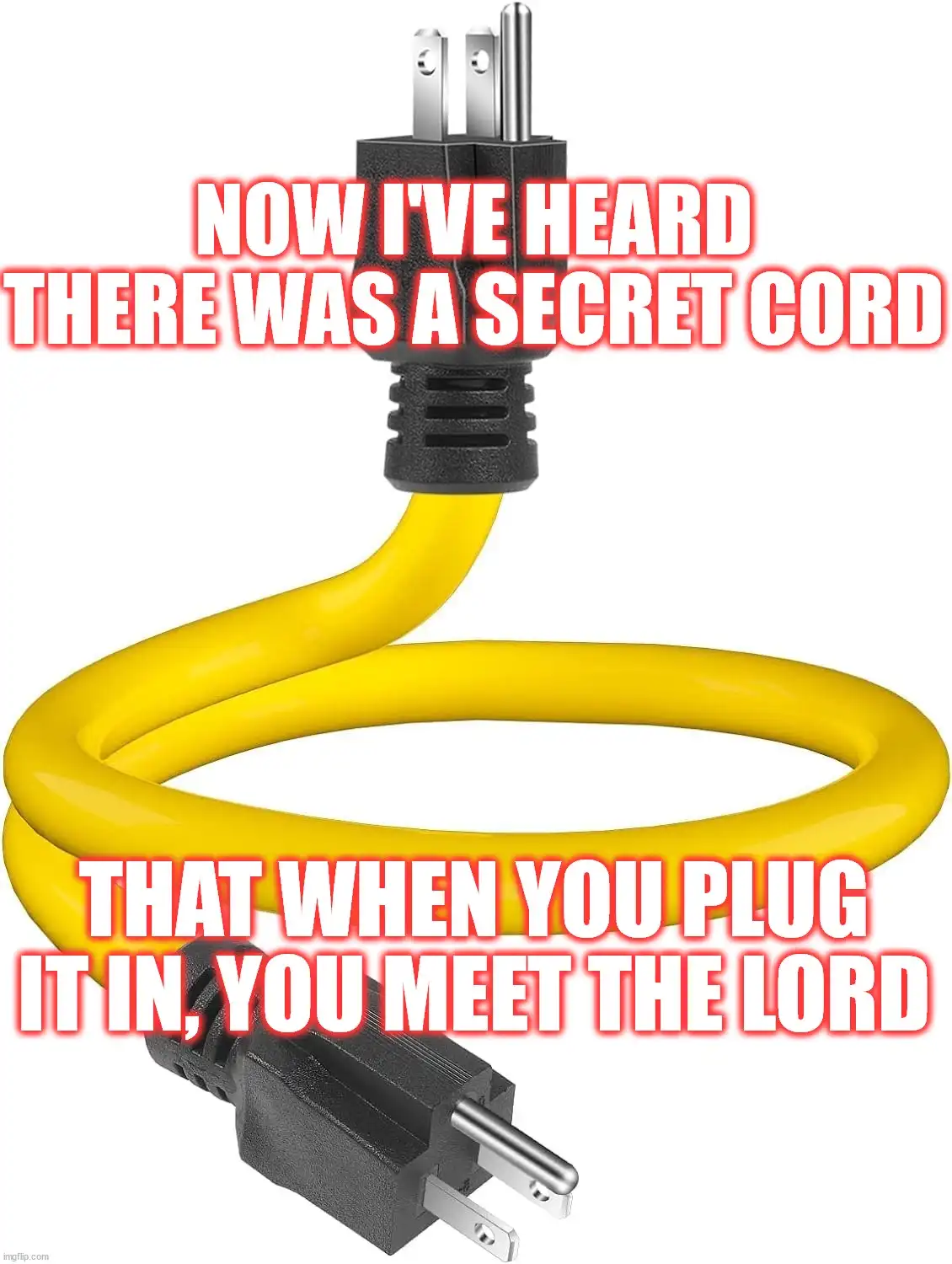 A yellow electrical cord with two black plugs at each end forms a loop against a white background. White text with a red…