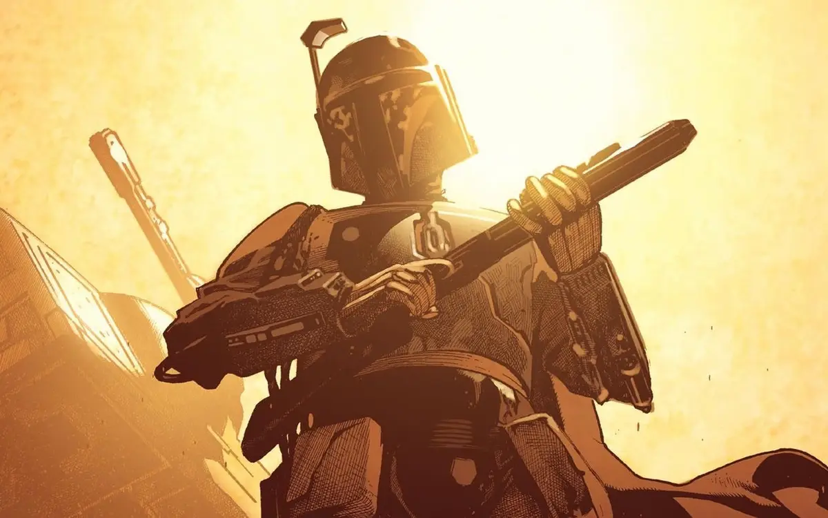 A stylized illustration of the character Boba Fett from Star Wars, shown in his iconic helmet and armor, holding a blaster…