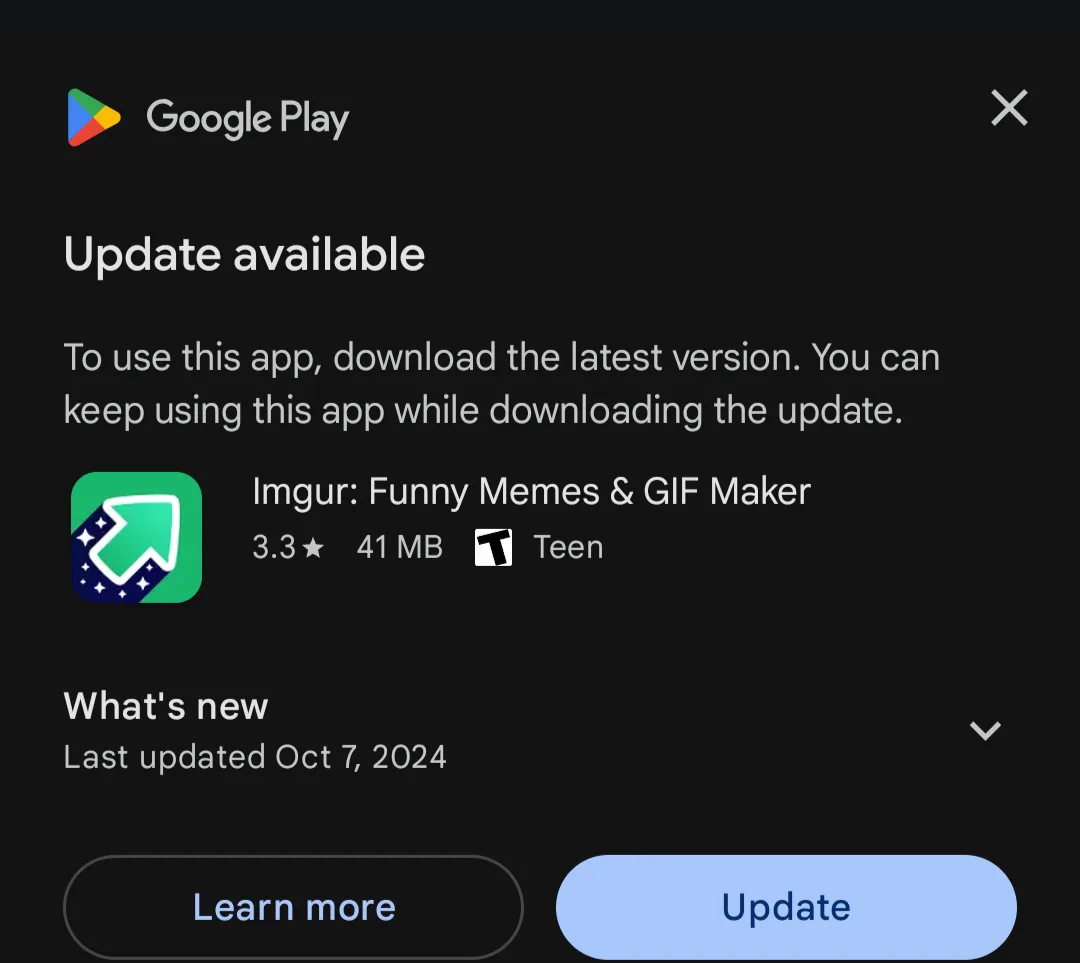 A Google Play Store update notification for the Imgur app, which shows a low 3.3-star rating and a 'Teen' content rating…