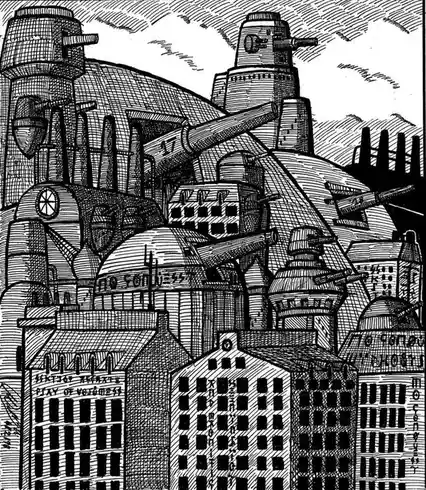 A black-and-white, highly detailed line drawing depicts a chaotic, surreal cityscape composed of numerous overlapping…