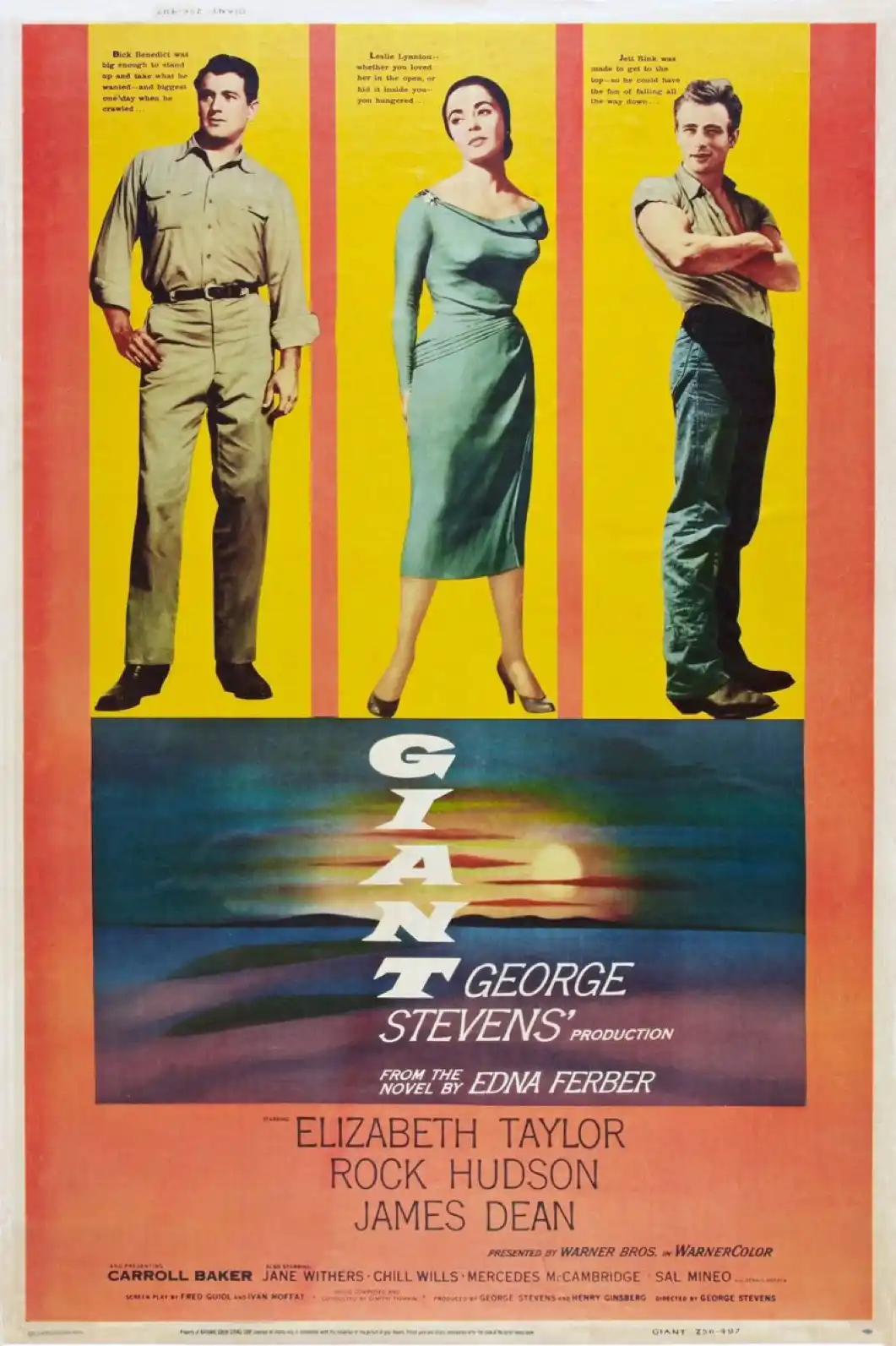 A vintage movie poster for the 1956 film 'Giant' featuring three main actors standing in separate vertical panels against a…