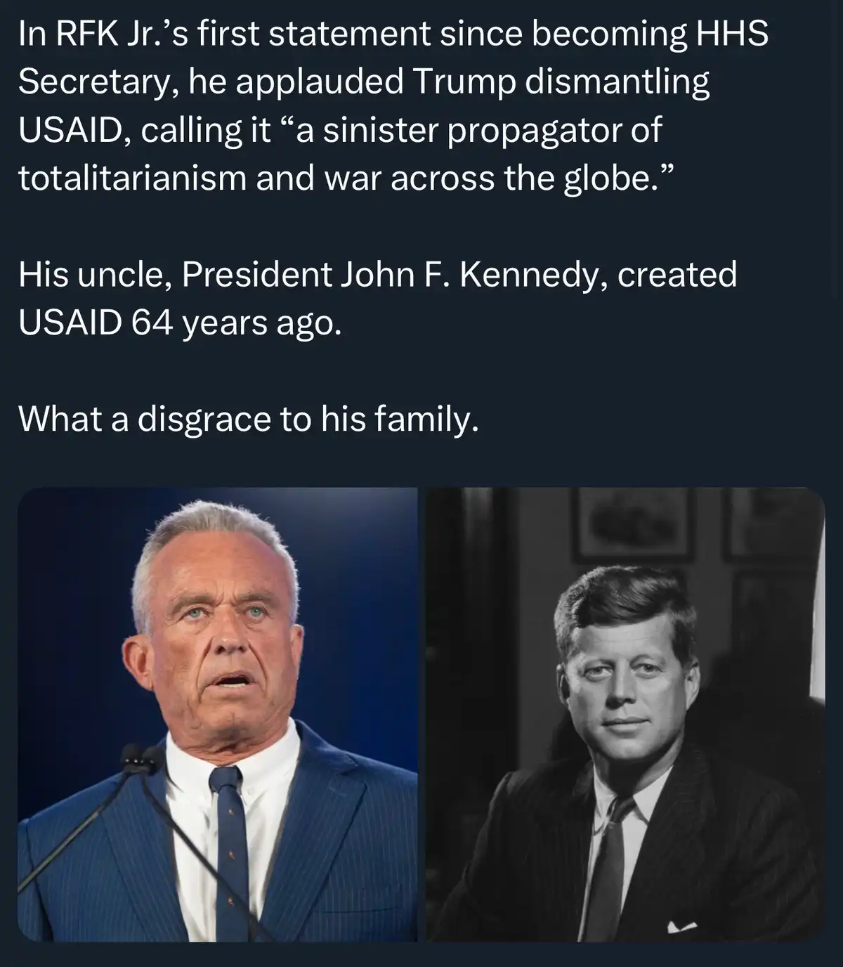 The image displays two side-by-side portraits: a color photo of Robert F. Kennedy Jr. speaking at a podium, and a…