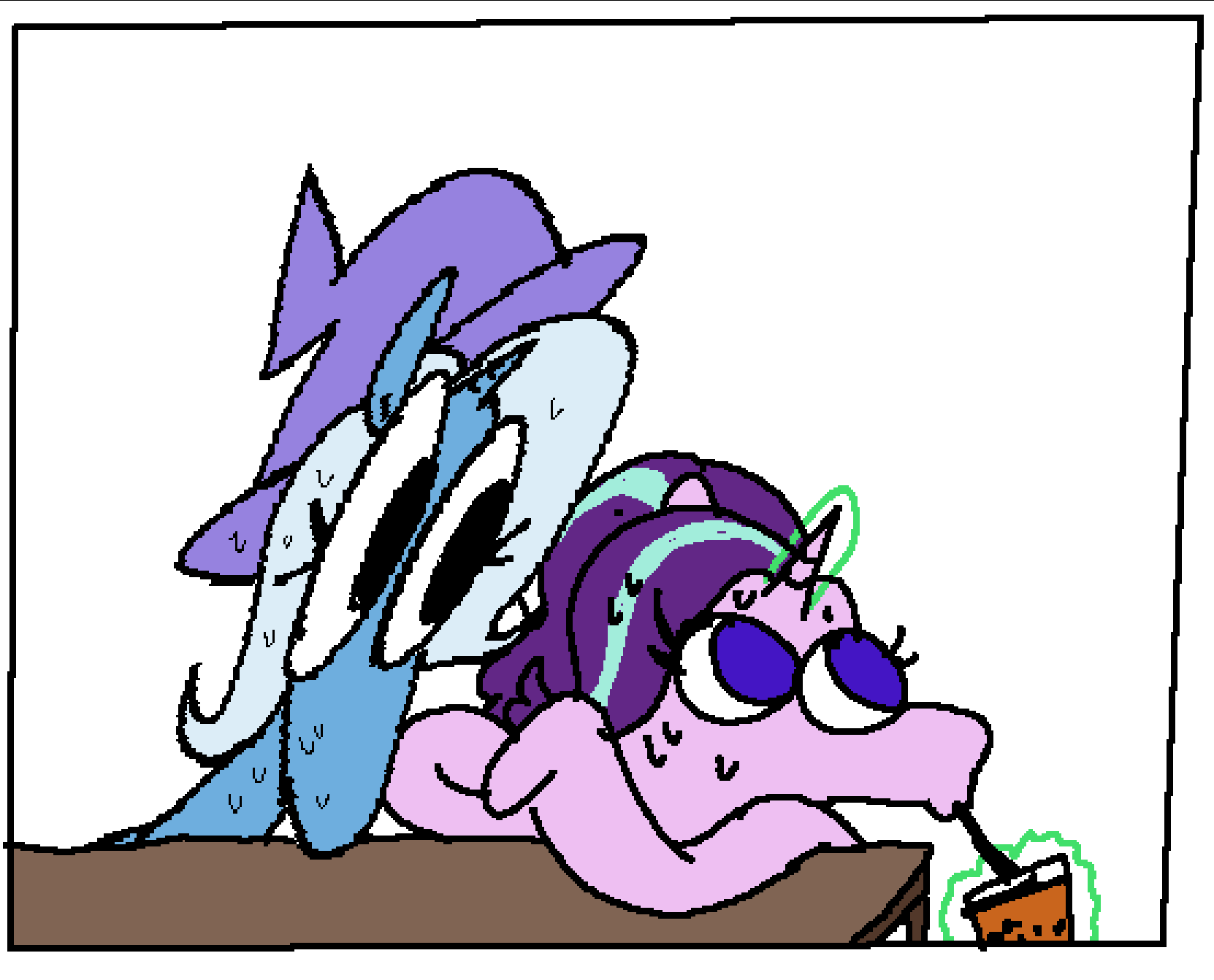 A cartoon pony with purple hair and a green horn is lying down with her eyes closed, appearing to rest. Behind her, a blue…