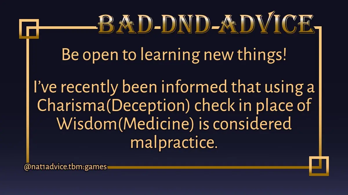 A dark blue background with gold ornate borders and text. The title 'BAD-DND-ADVICE' is at the top. Below it, the text…