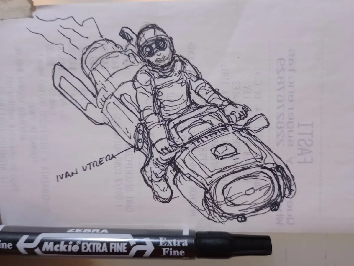 A hand-drawn black-and-white sketch on paper shows a person in a helmet and goggles riding a futuristic-looking motorcycle…