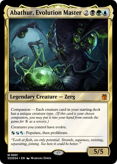 A Magic: The Gathering card template is used to display a StarCraft Zerg unit, Abathur, Evolution Master, with green glowing…