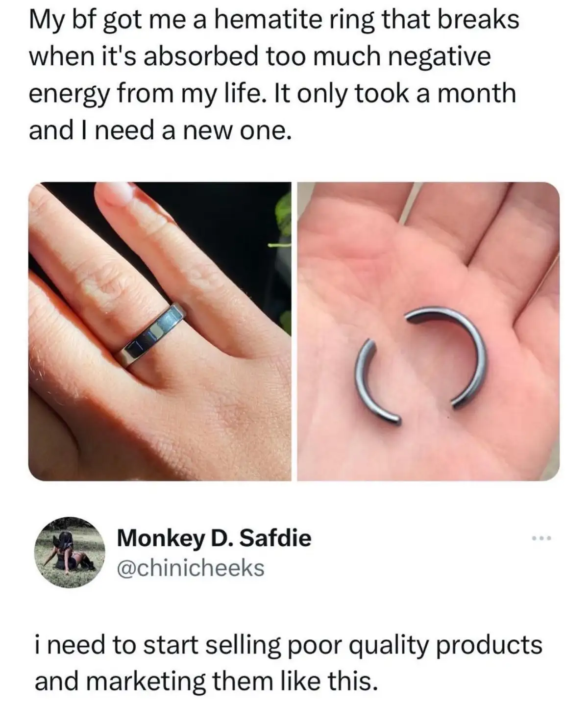 The image shows two photos: one of a hand wearing a silver ring, and another of the same ring broken into two pieces resting…