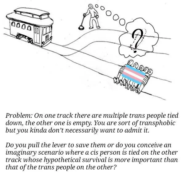 A black-and-white cartoon depicts a trolley dilemma: a train on one track is heading toward multiple people tied down with a…