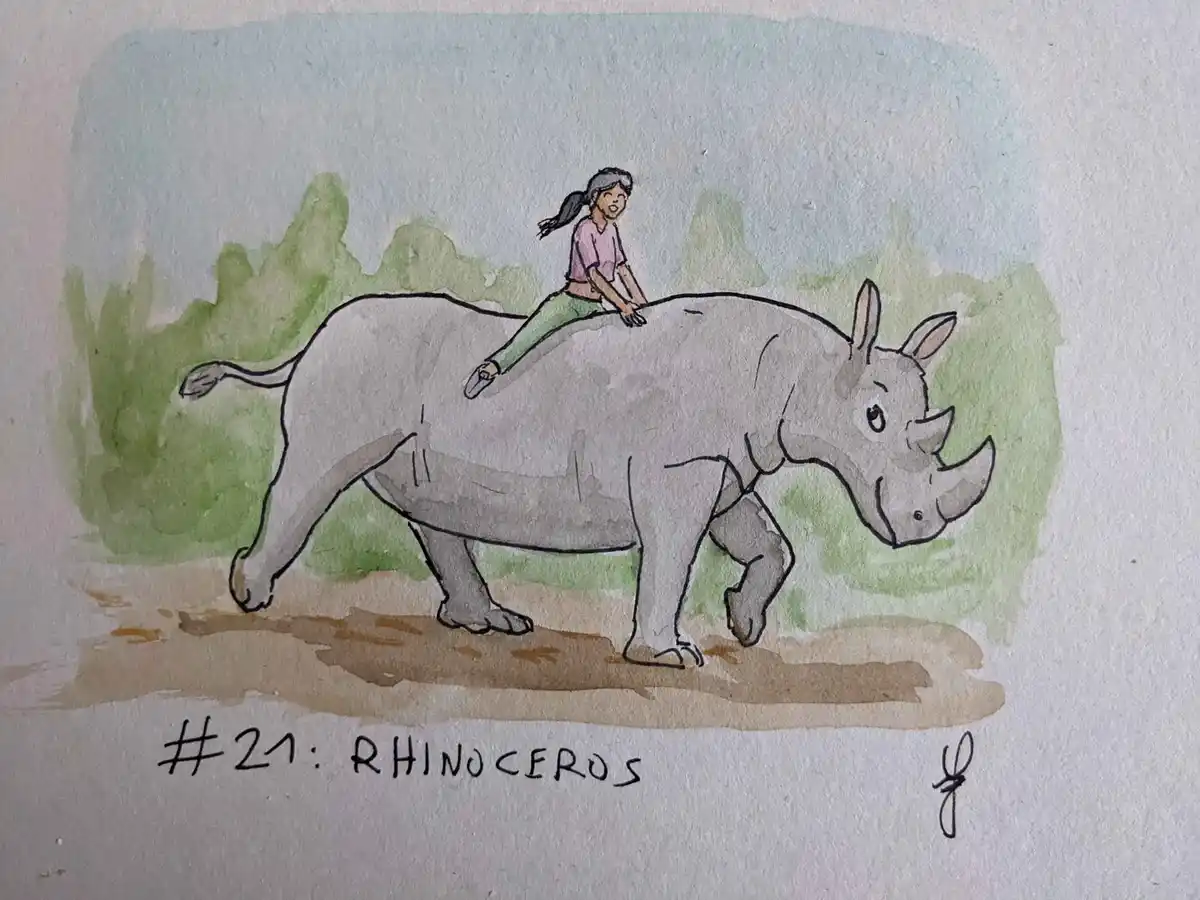 A watercolor drawing shows a young girl with dark hair in a ponytail, wearing a pink shirt and green pants, riding a gray…