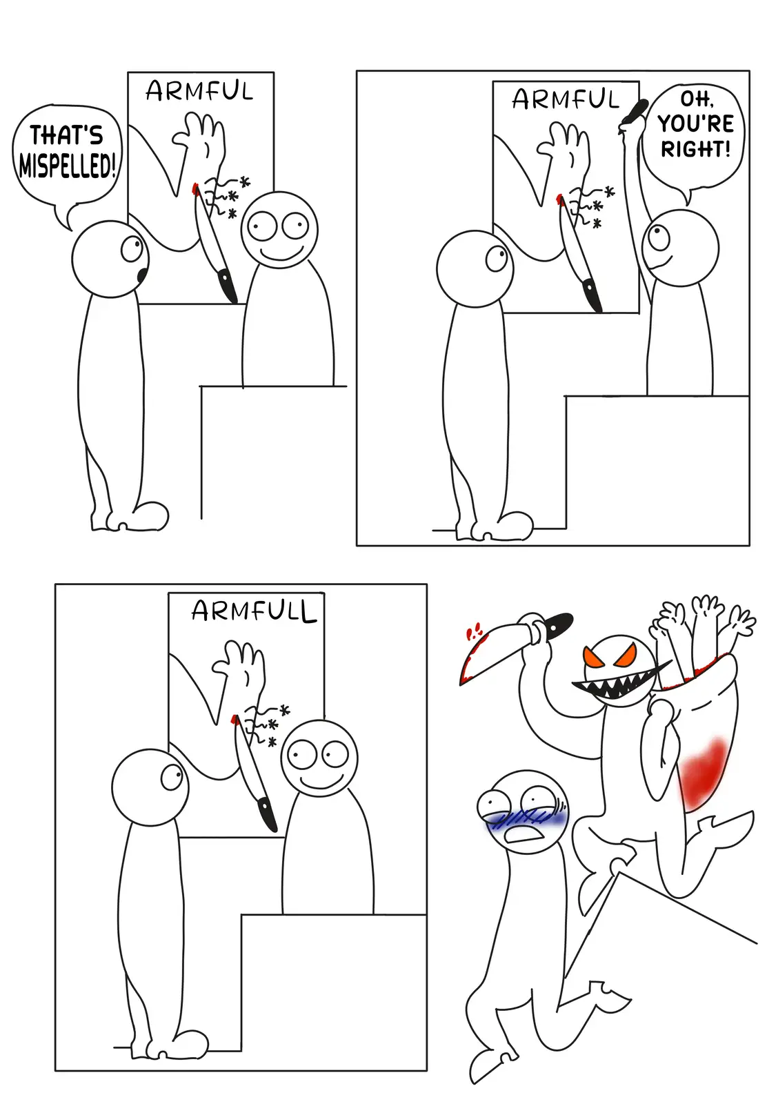 A four-panel comic shows a student correcting a teacher's spelling of 'ARMFUL' to 'ARMFULL', which then leads to a…