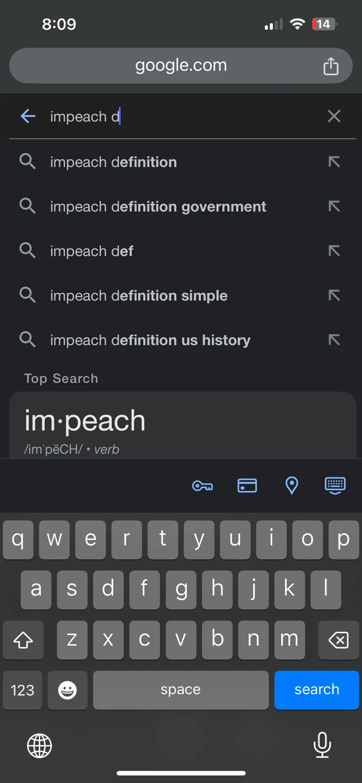 A smartphone screenshot shows a Google search bar with 'impeach d' typed in, with autocomplete suggestions like 'impeach…